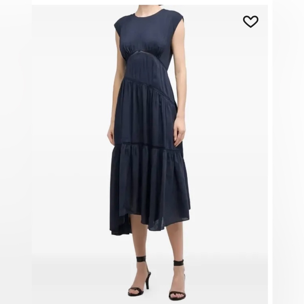 Frame Linen Blend Gathered Lace Inset Handkerchief Hem Midi Dress